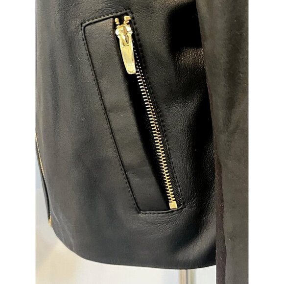 New Via Spiga Black Leather Stretch Fabric Combo Zip Moto Jacket - Picture 12 of 13
